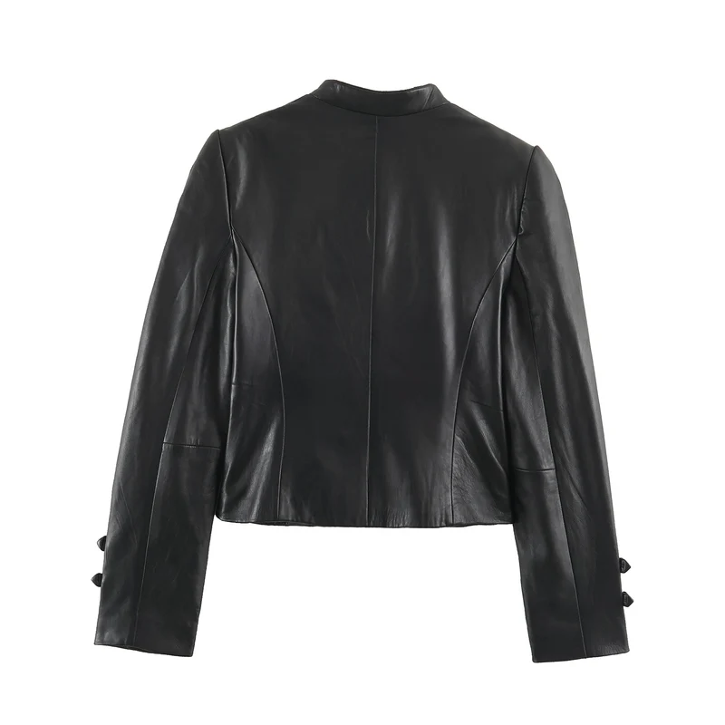 Damen Cropped-Lederoptik-Jacke im militärisch inspirierten Design mit Stehkragen und Zierdöbeln Drune