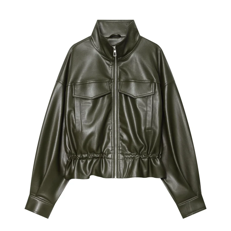 Damen Cropped Kunstlederjacke mit hohem Stehkragen, aufgesetzten Brusttaschen und Tunnelzug-Taille Drune