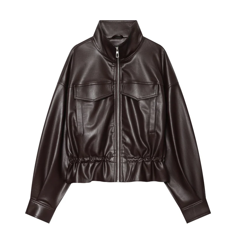 Damen Cropped Kunstlederjacke mit hohem Stehkragen, aufgesetzten Brusttaschen und Tunnelzug-Taille Drune