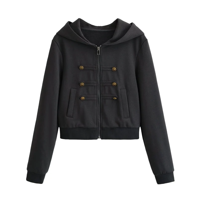 Damen Cropped Kapuzenblouson mit dekorischer Doppelreihe und verdecktem Reißverschluss Drune