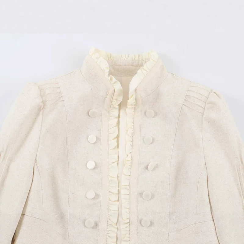 Damen Cropped Jacke mit taillierter Silhouette, Stehkragen und Rüschenblende Drune