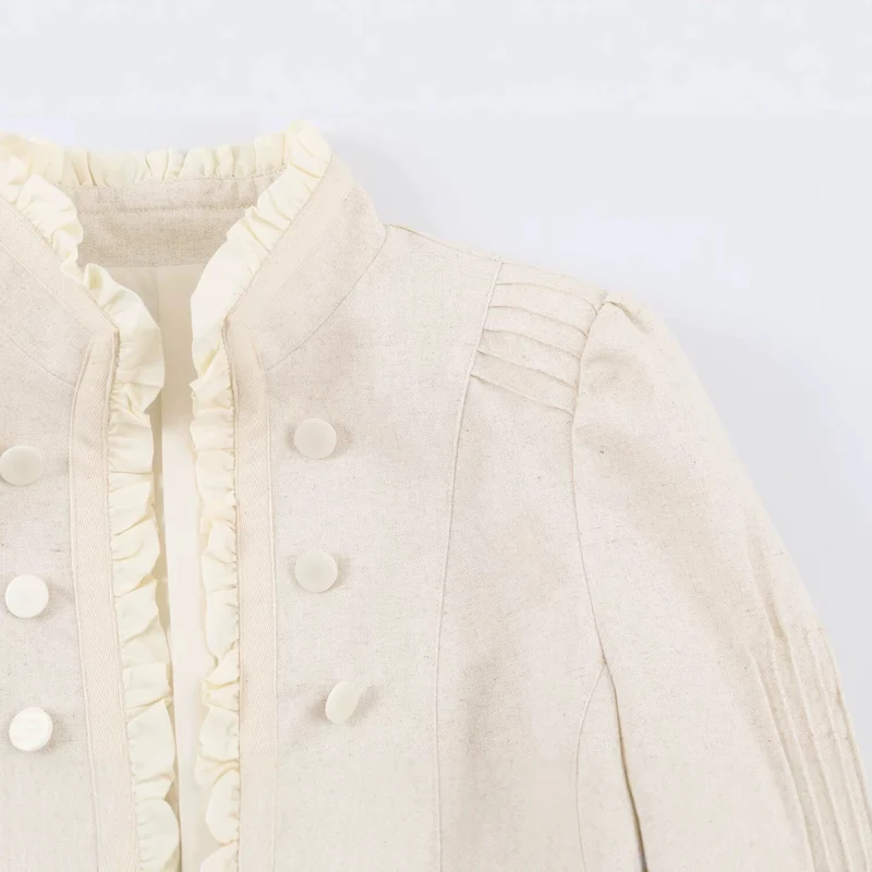 Damen Cropped Jacke mit taillierter Silhouette, Stehkragen und Rüschenblende Drune