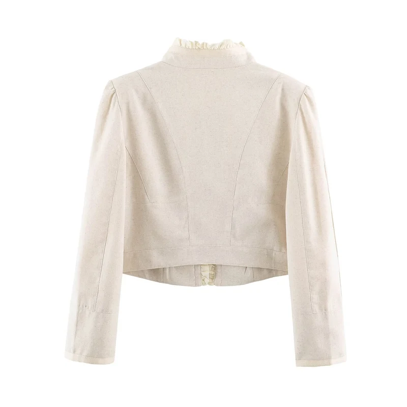 Damen Cropped Jacke mit taillierter Silhouette, Stehkragen und Rüschenblende Drune