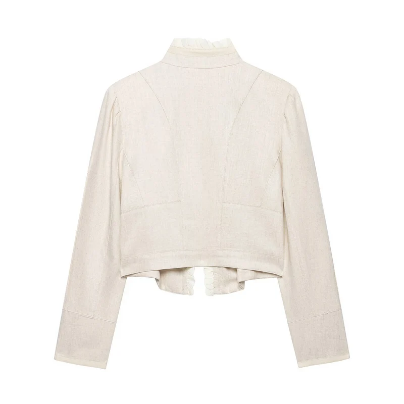 Damen Cropped-Jacke aus Leinenmix mit Stehkragen, Zierknopfleiste und Rüschendetail Drune