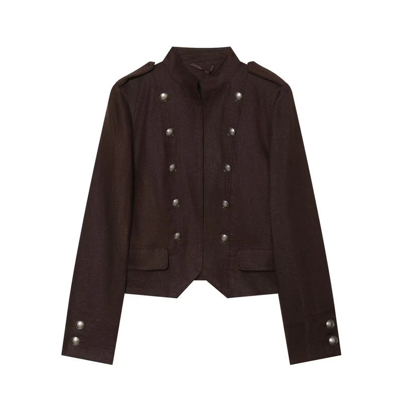 Damen Cropped Feldjacke im Militärstil mit Stehkragen, Epauletten und doppelter Zierknopfleiste Drune