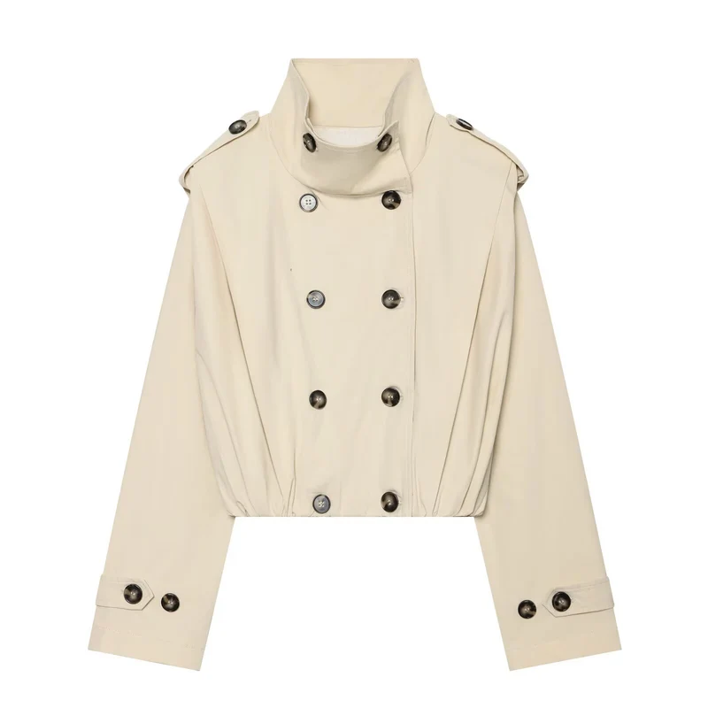 Damen Cropped Doppelreihiger Trench‑Blouson mit hohem Stehkragen, Schulterklappen und elastischem Saum Drune