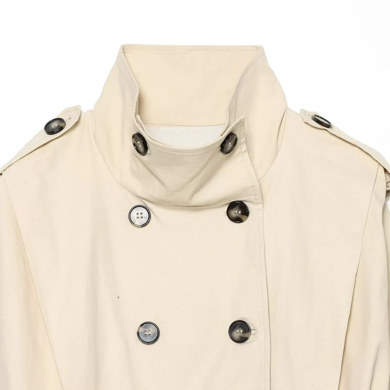 Damen Cropped Doppelreihiger Trench‑Blouson mit hohem Stehkragen, Schulterklappen und elastischem Saum Drune