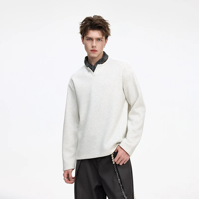 Herren Strukturierter Waffel‑Thermo‑Pullover mit V‑Einsatz und weiter Passform Drune