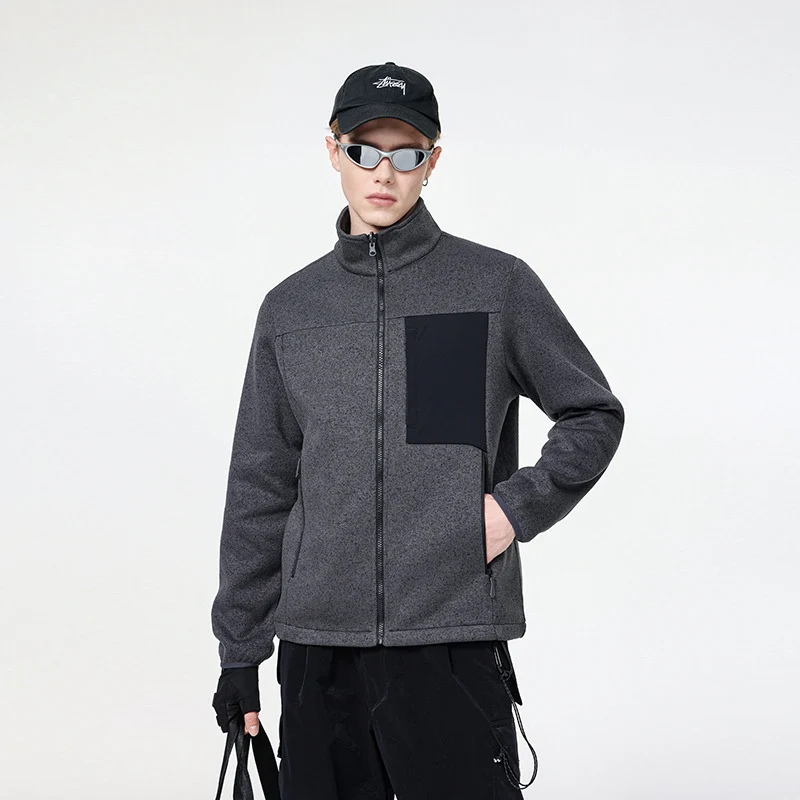 Herren Struktur-Fleece-Zipjacke mit hohem Stehkragen und Nylon-Brusttasche Drune