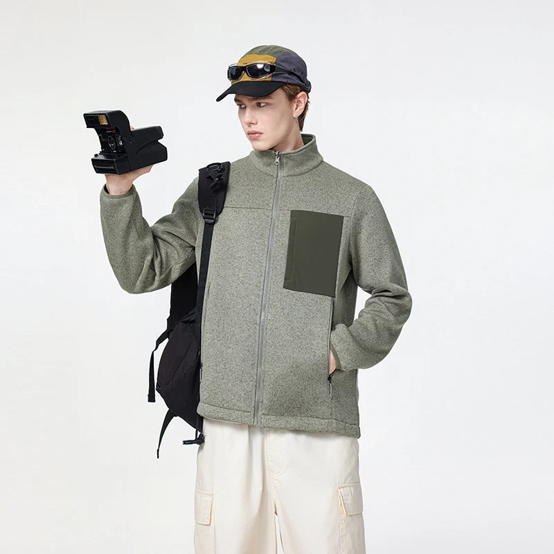 Herren Struktur-Fleece-Zipjacke mit hohem Stehkragen und Nylon-Brusttasche Drune