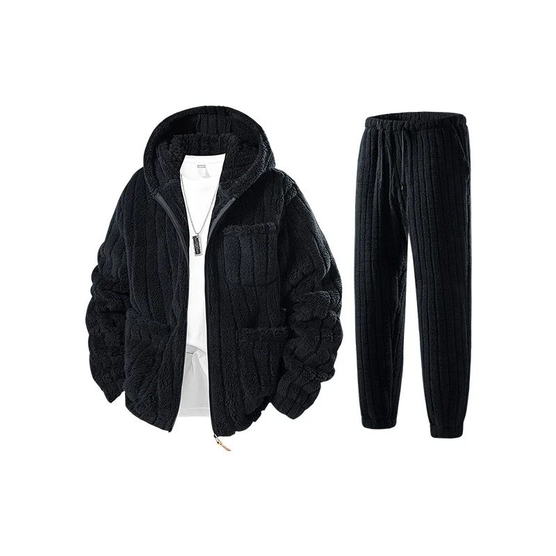 Herren Sherpa-Fleece-Set mit Kapuzenjacke, Reißverschluss und elastischer Jogginghose Drune