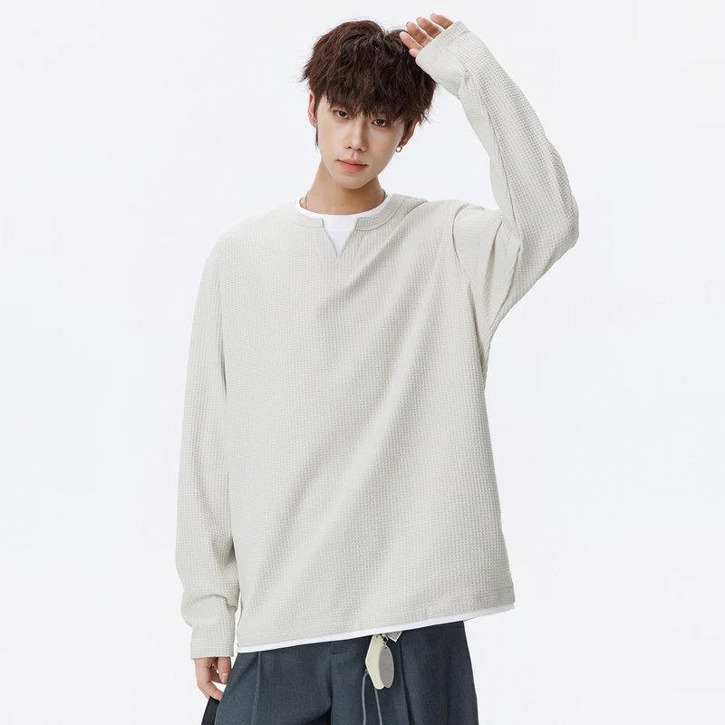 Herren Oversized Waffelstruktur-Sweatshirt mit V-Ausschnitt und Lagenoptik Drune