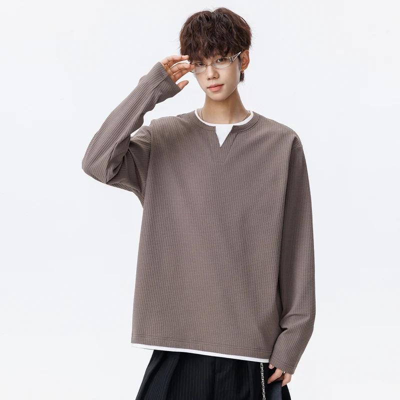 Herren Oversized Waffelstruktur-Sweatshirt mit V-Ausschnitt und Lagenoptik Drune