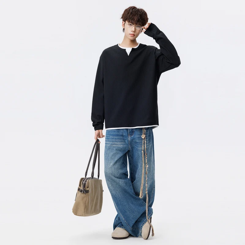 Herren Oversized Waffelstruktur-Sweatshirt mit V-Ausschnitt und Lagenoptik Drune