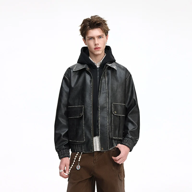 Herren Oversized Faux‑Leather Bomberjacke mit abnehmbarer Kapuze und Utility‑Taschen Drune