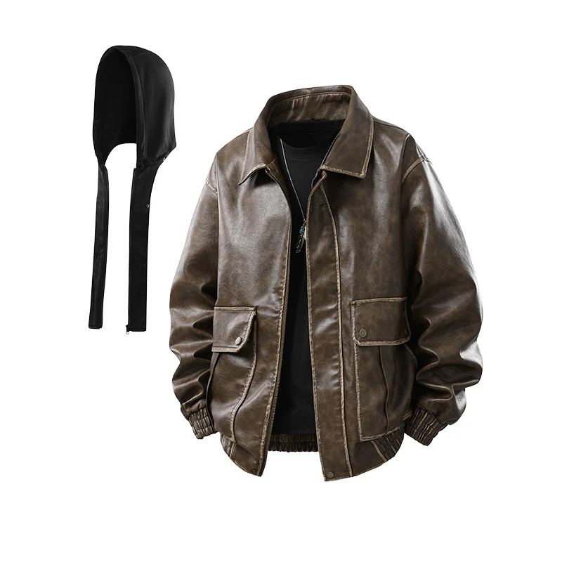 Herren Oversized Faux‑Leather Bomberjacke mit abnehmbarer Kapuze und Utility‑Taschen Drune