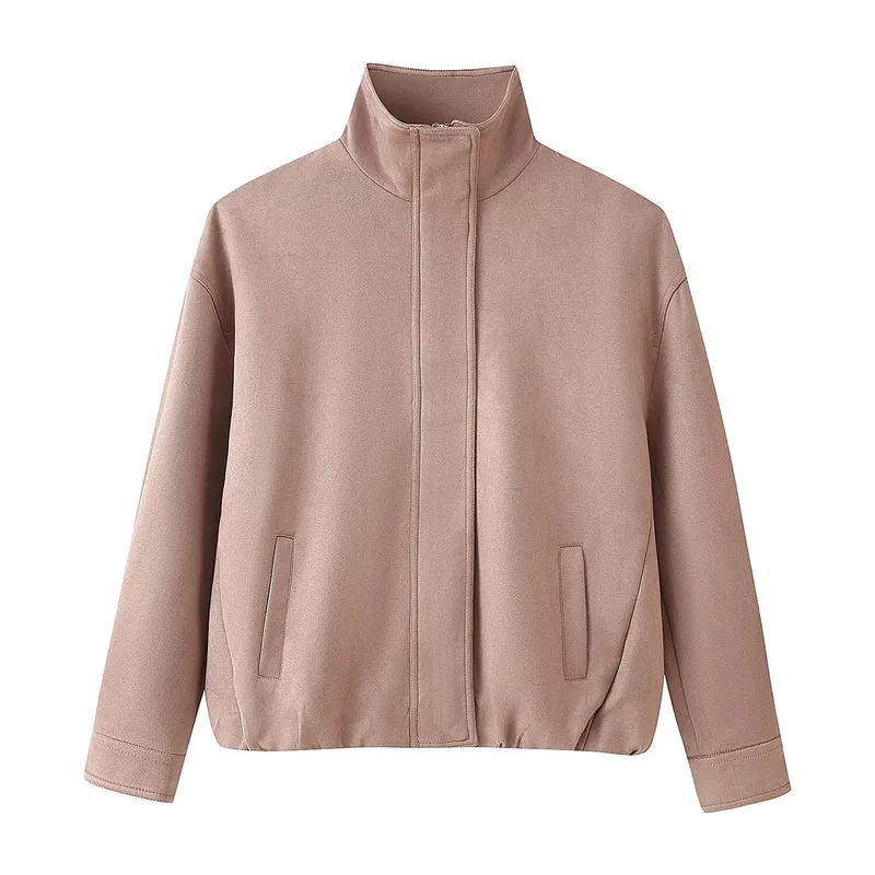 Damen Boxy-Kurzjacke mit hohem Funnelkragen und verdeckter Reißverschlussleiste Drune
