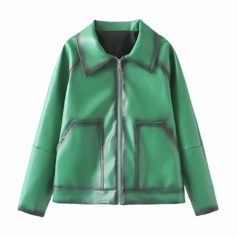 Damen Boxy-Kunstlederjacke mit großem Hemdkragen und durchgehendem Reißverschluss Drune