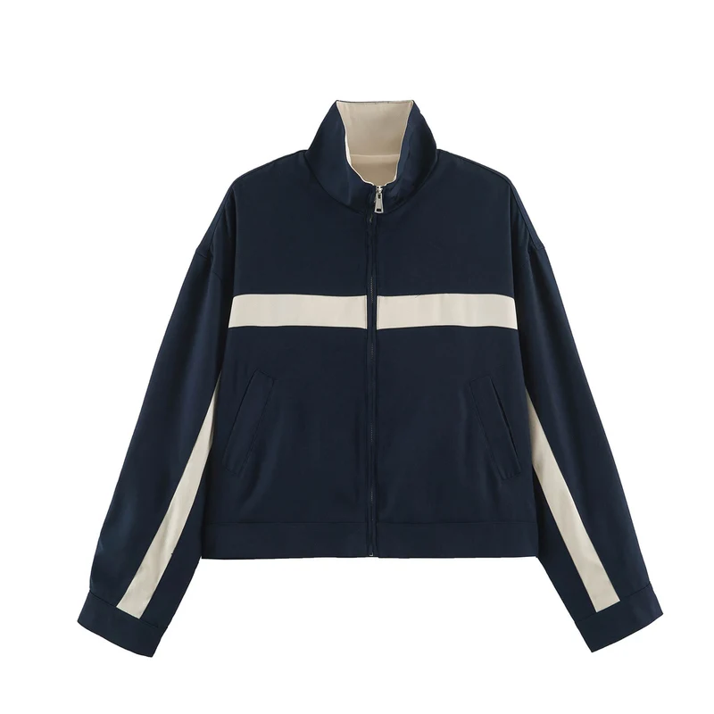 Damen Boxy-Cropped-Übergangsjacke mit Stehkragen, kontraststreifen und Eingrifftaschen Drune
