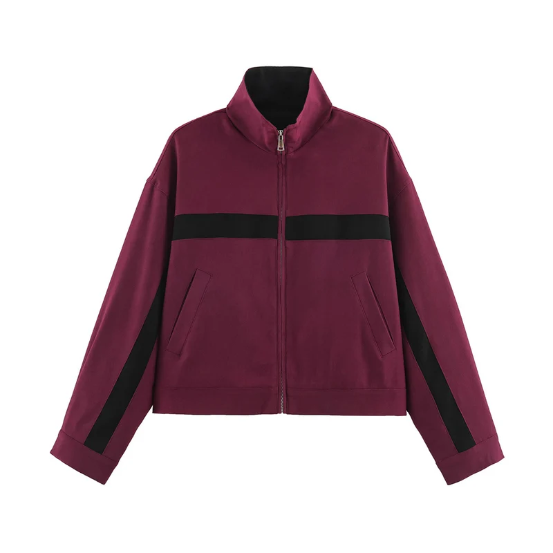 Damen Boxy-Cropped-Übergangsjacke mit Stehkragen, kontraststreifen und Eingrifftaschen Drune