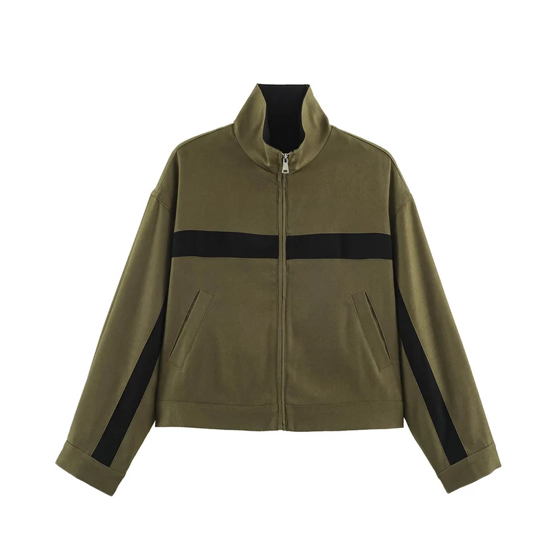 Damen Boxy-Cropped-Übergangsjacke mit Stehkragen, kontraststreifen und Eingrifftaschen Drune