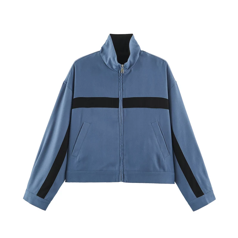 Damen Boxy-Cropped-Übergangsjacke mit Stehkragen, kontraststreifen und Eingrifftaschen Drune