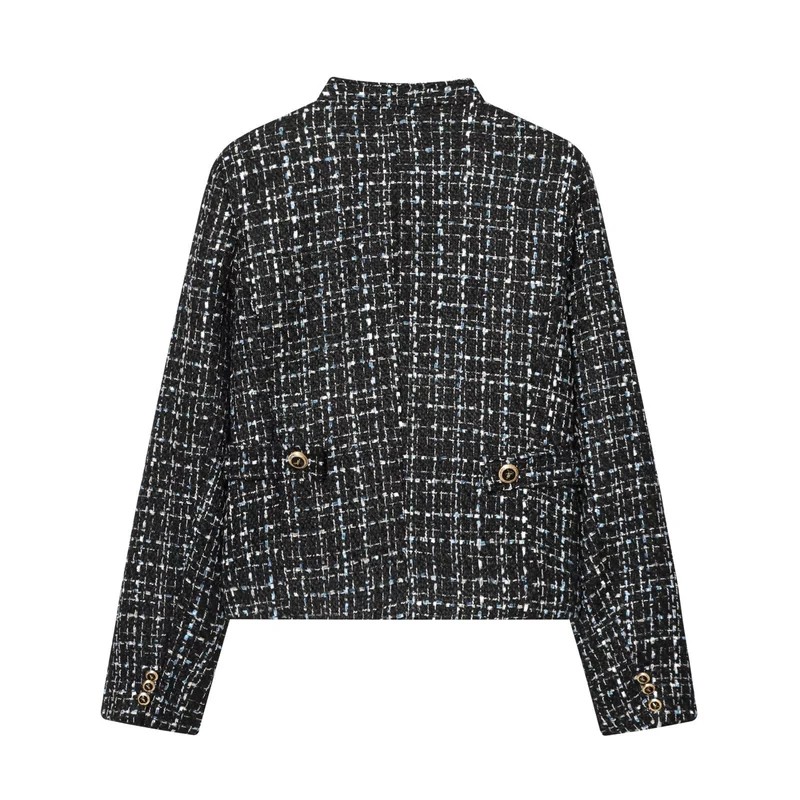 Damen Bouclé‑Tweed‑Cropped‑Jacke mit Stehkragen und goldfarbenen Schmuckknöpfen Drune