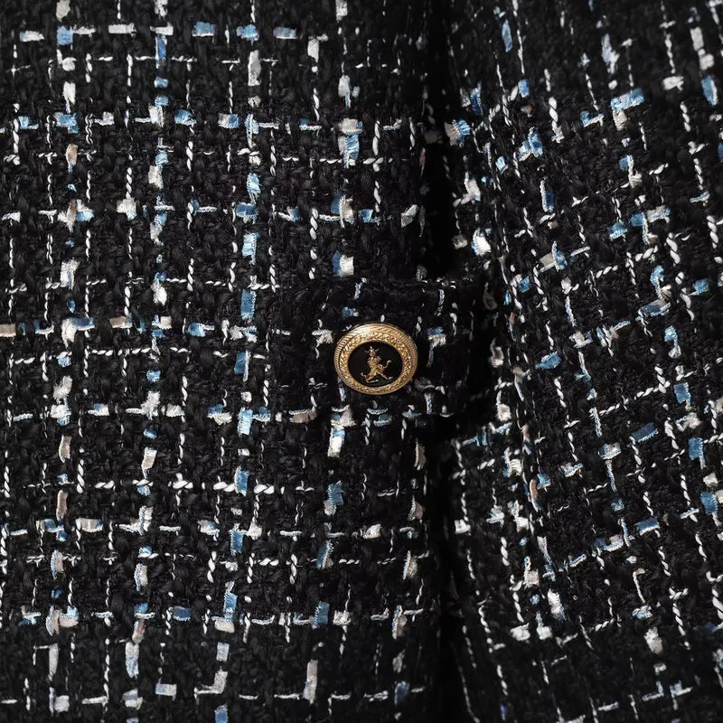 Damen Bouclé‑Tweed‑Cropped‑Jacke mit Stehkragen und goldfarbenen Schmuckknöpfen Drune
