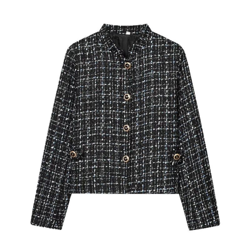 Damen Bouclé‑Tweed‑Cropped‑Jacke mit Stehkragen und goldfarbenen Schmuckknöpfen Drune