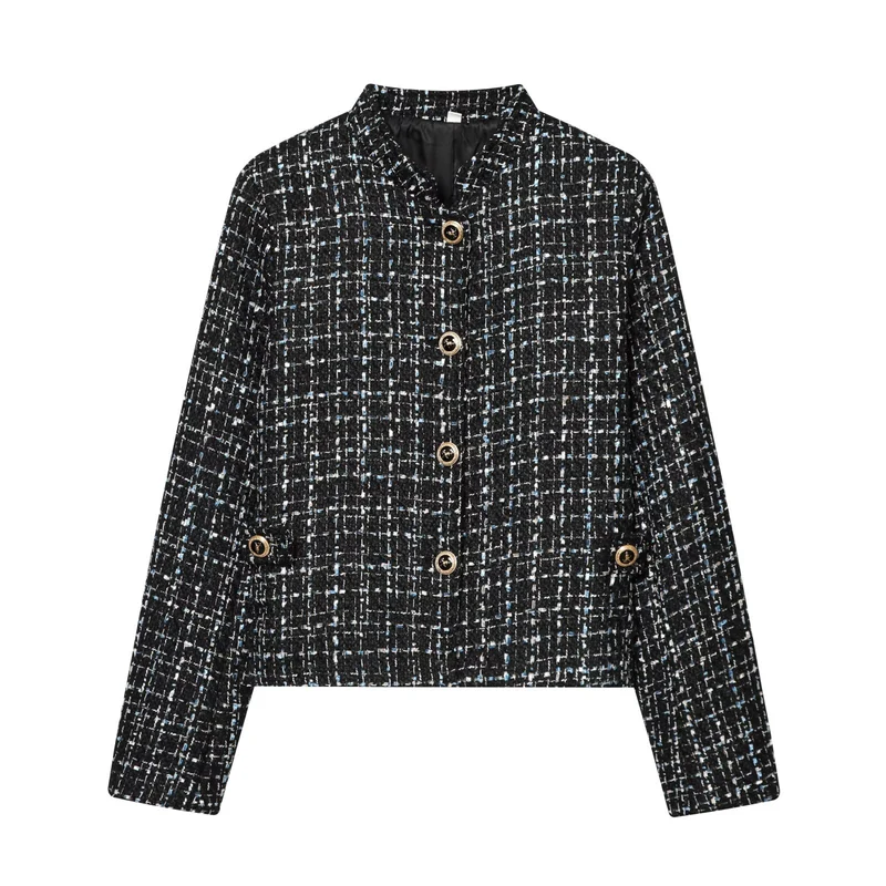 Damen Bouclé‑Tweed‑Cropped‑Jacke mit Stehkragen und goldfarbenen Schmuckknöpfen Drune