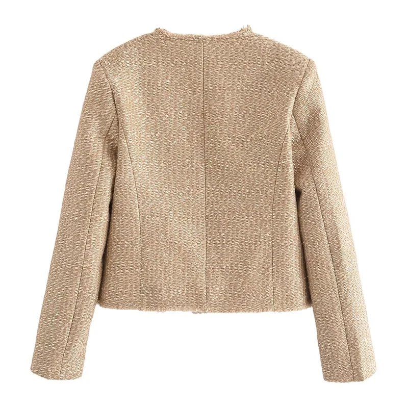 Damen Bouclé-Cropped-Jacke ohne Kragen mit Zierknöpfen und aufgesetzten Taschen Drune