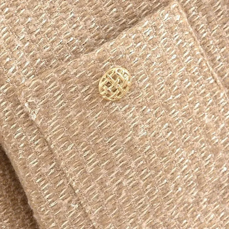 Damen Bouclé-Cropped-Jacke ohne Kragen mit Zierknöpfen und aufgesetzten Taschen Drune