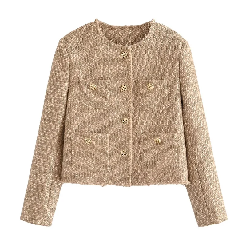 Damen Bouclé-Cropped-Jacke ohne Kragen mit Zierknöpfen und aufgesetzten Taschen Drune