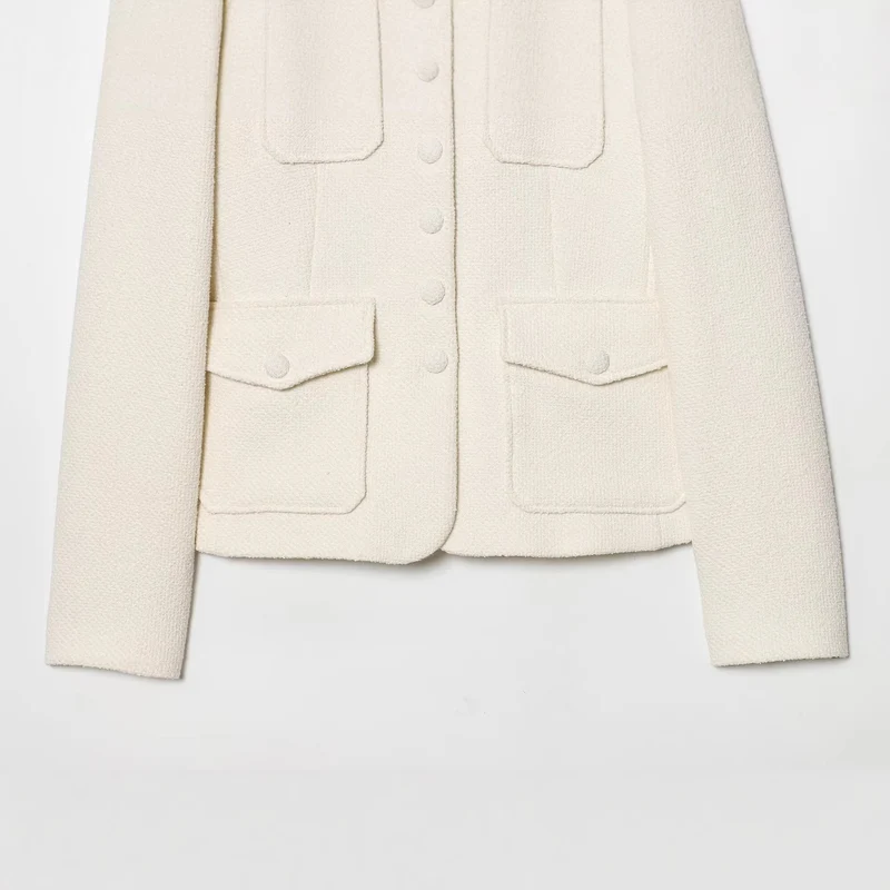 Damen Bouclé-Cropped-Jacke mit Stehkragen, bezogenen Knöpfen und aufgesetzten Pattentaschen Drune