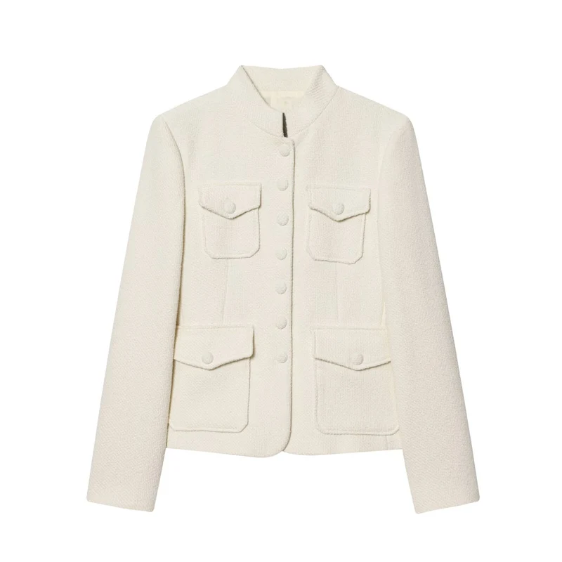 Damen Bouclé-Cropped-Jacke mit Stehkragen, bezogenen Knöpfen und aufgesetzten Pattentaschen Drune