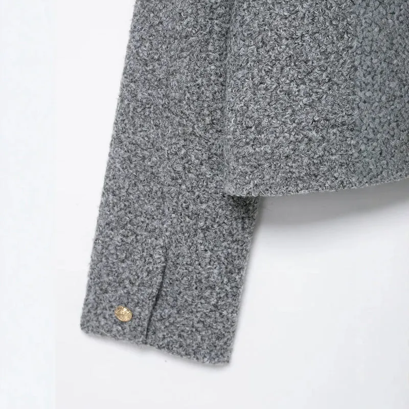 Damen Bouclé Cropped Jacke mit Goldknöpfen und aufgesetzten Pattentaschen Drune