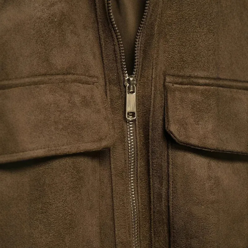 Damen Bomberjacke aus Velourslederoptik mit hohem Rippkragen und Pattentaschen Drune