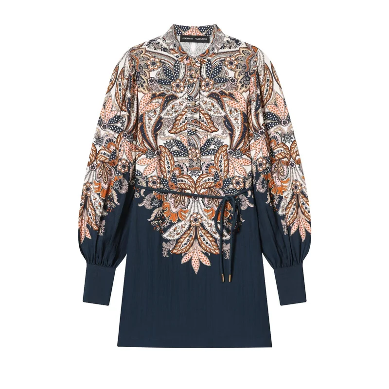 Damen Boho-Tunika‑Midikleid mit Paisley‑Print, Ballonärmeln und Tunnelzug Drune