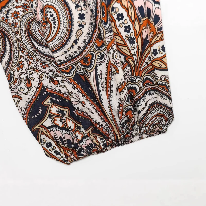 Damen Boho-Paisley-Bluse mit V-Ausschnitt, gerafften Schultern und Tunnelzugsaum Drune