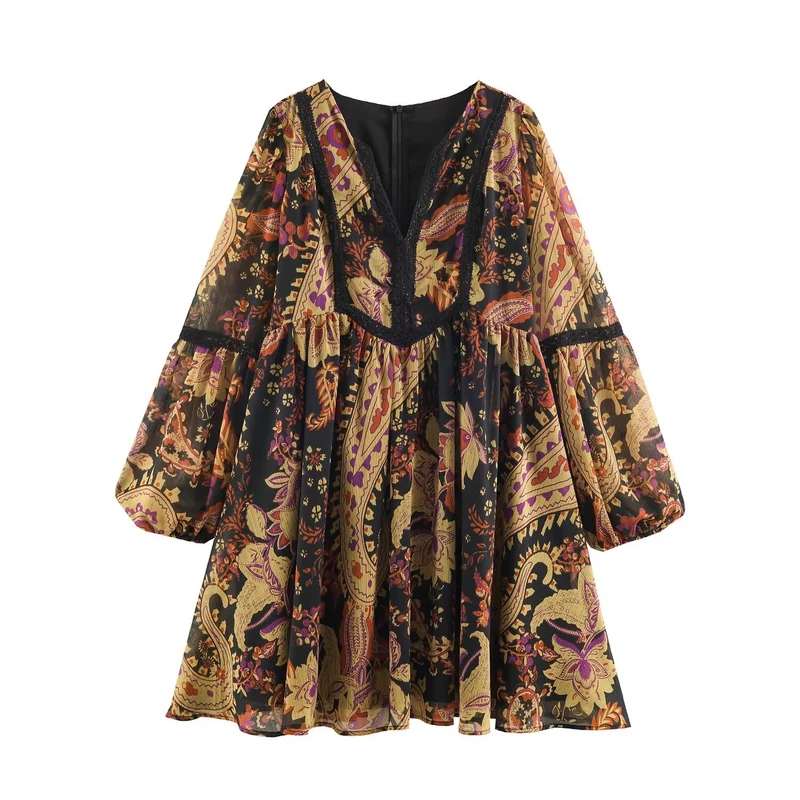 Damen Boho-Minikleid mit V-Ausschnitt, Spitzenbesatz und Ballonärmeln Drune