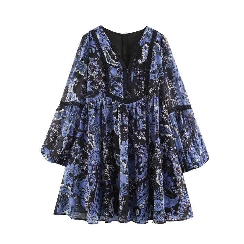 Damen Boho-Minikleid mit V-Ausschnitt, Spitzenbesatz und Ballonärmeln Drune