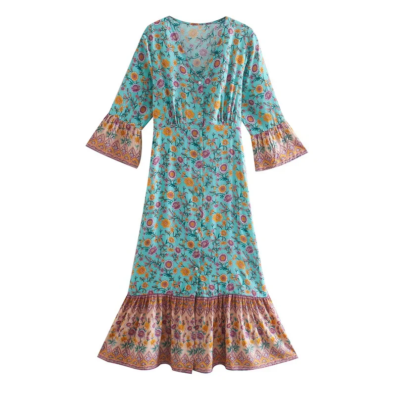 Damen Boho-Maxikleid mit V-Ausschnitt, taillierten Abnähern und Volantärmeln Drune