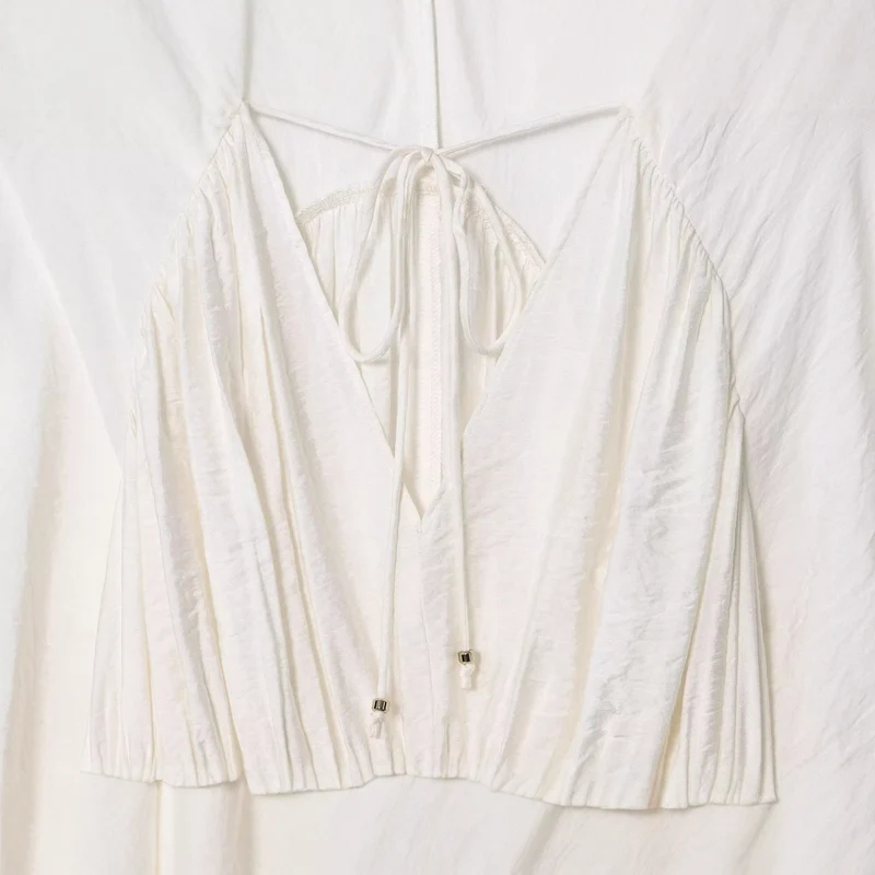 Damen Boho-Bluse mit Smock-Taillenbund, V-Ausschnitt und Ballonärmeln Drune
