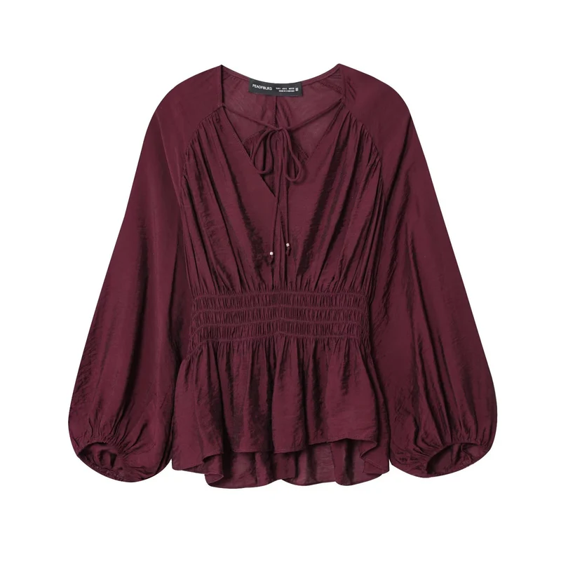 Damen Boho-Bluse mit Smock-Taillenbund, V-Ausschnitt und Ballonärmeln Drune