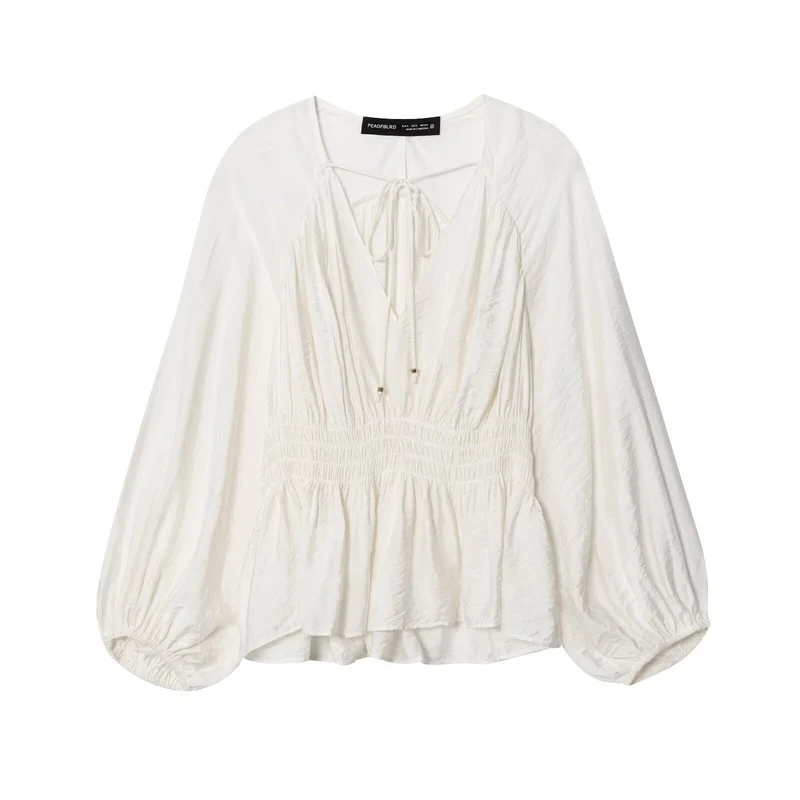 Damen Boho-Bluse mit Smock-Taillenbund, V-Ausschnitt und Ballonärmeln Drune