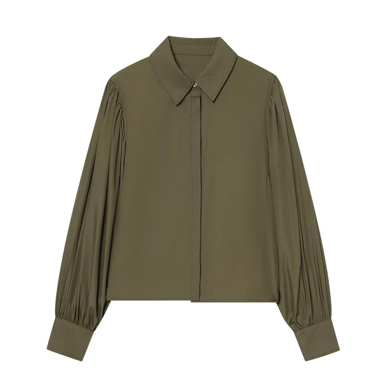Damen Bluse mit weiten Ballonärmeln und verdeckter Knopfleiste Drune