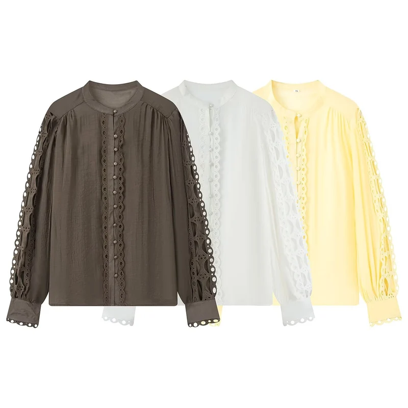 Damen Bluse mit Spitzen‑Cutouts, feiner Knopfleiste und Ballonärmeln Drune