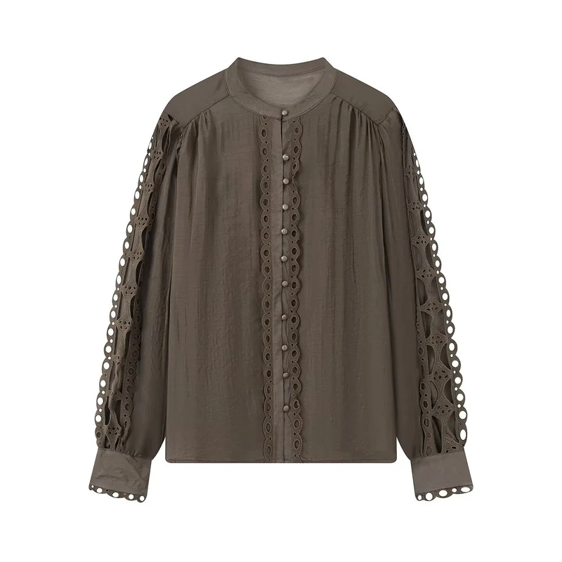 Damen Bluse mit Spitzen‑Cutouts, feiner Knopfleiste und Ballonärmeln Drune