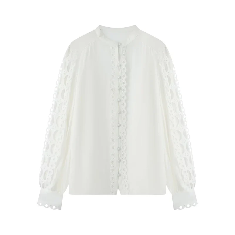 Damen Bluse mit Spitzen‑Cutouts, feiner Knopfleiste und Ballonärmeln Drune