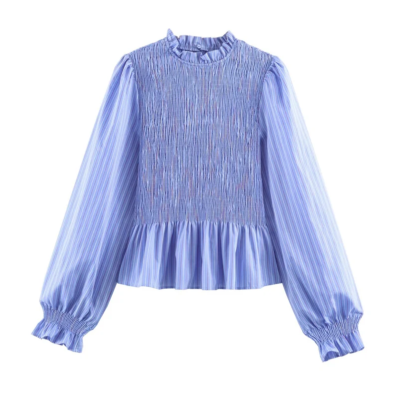 Damen Bluse mit Smok-Detail, Rüschenkragen und Volumenärmeln Drune